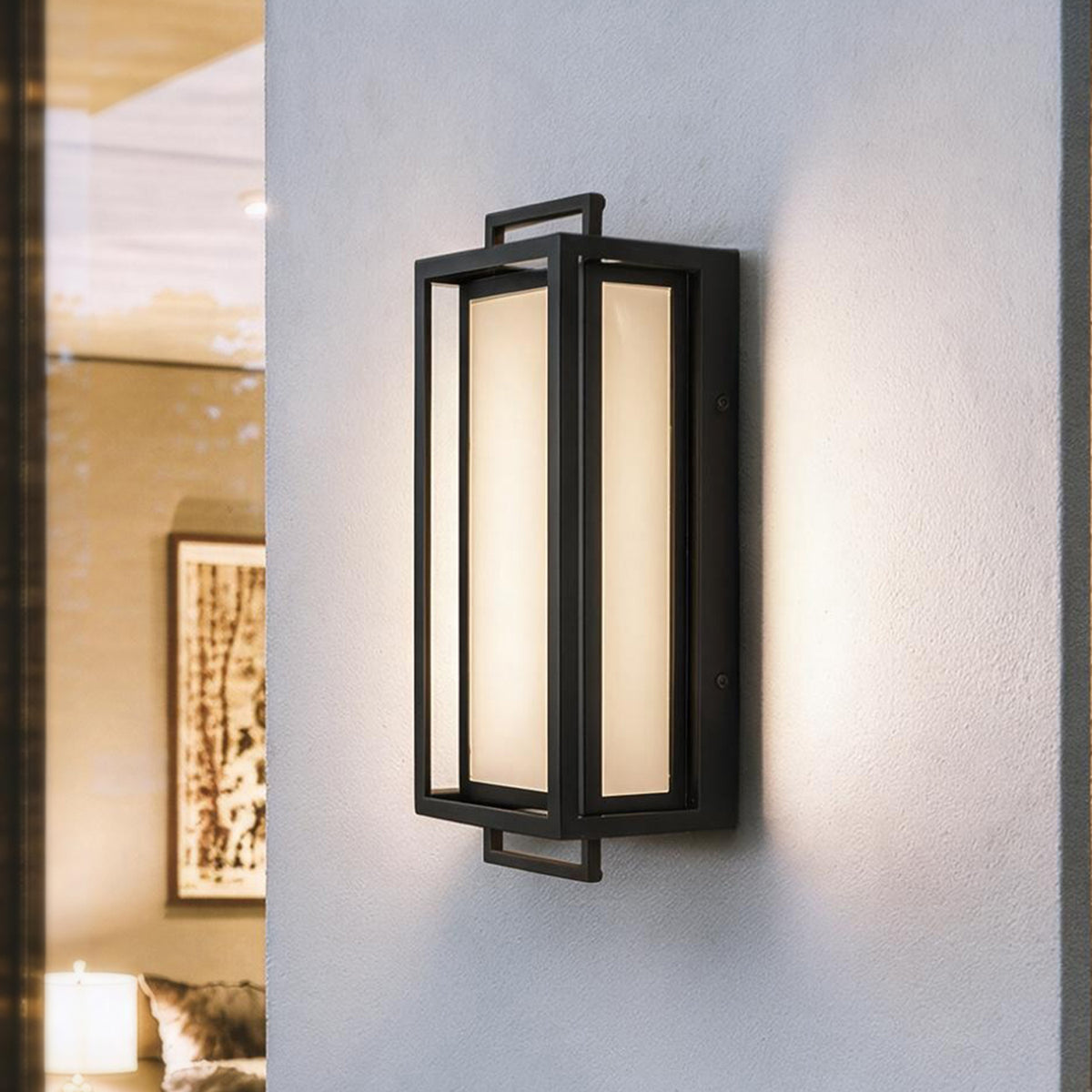 Architectural Outdoor Integrated LED Wall Sconce Set of 2 with Layered Frame and Acid-Etched White Glass