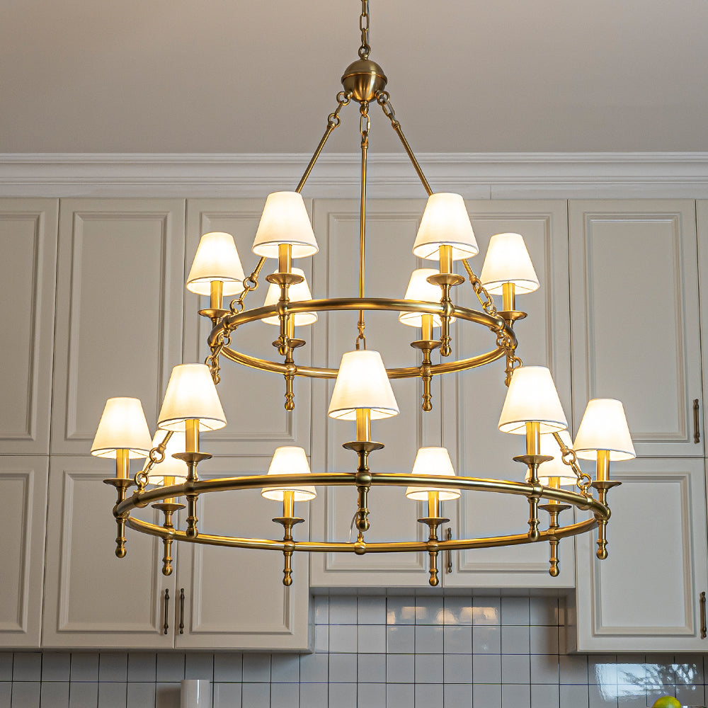 47'' 15-Light Two-Tier Vintage Brass Chandelier with White Fabric Shades for High Ceilings and Large Rooms