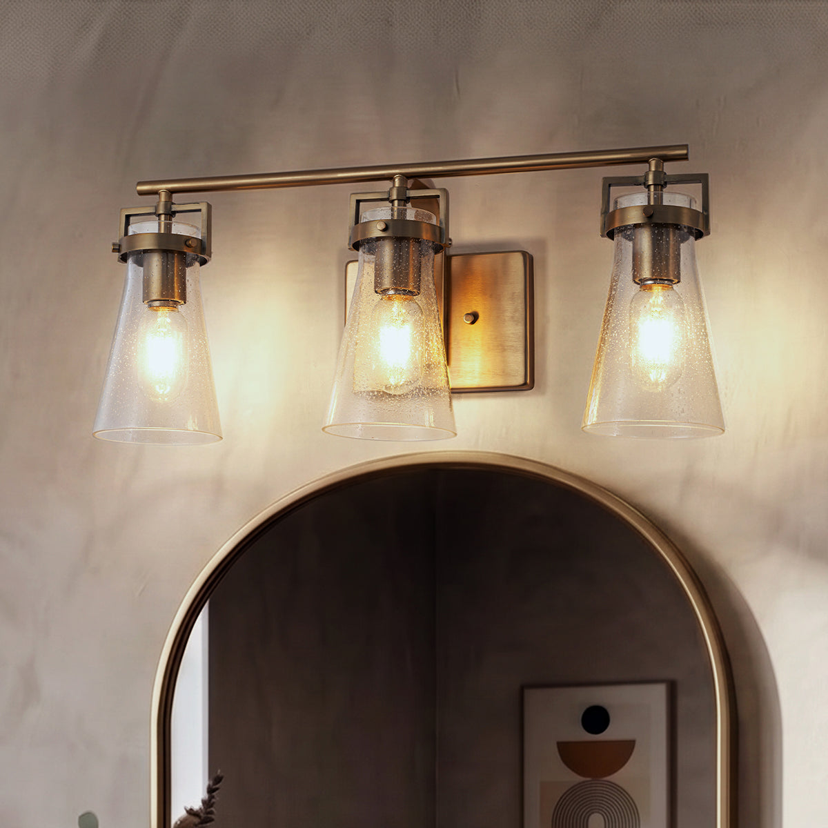 Modern Transitional 3-Light Vanity Wall Sconce in Brushed Brass with Clear Bubble Glass Shades for Mirror, Bathroom or Hallway