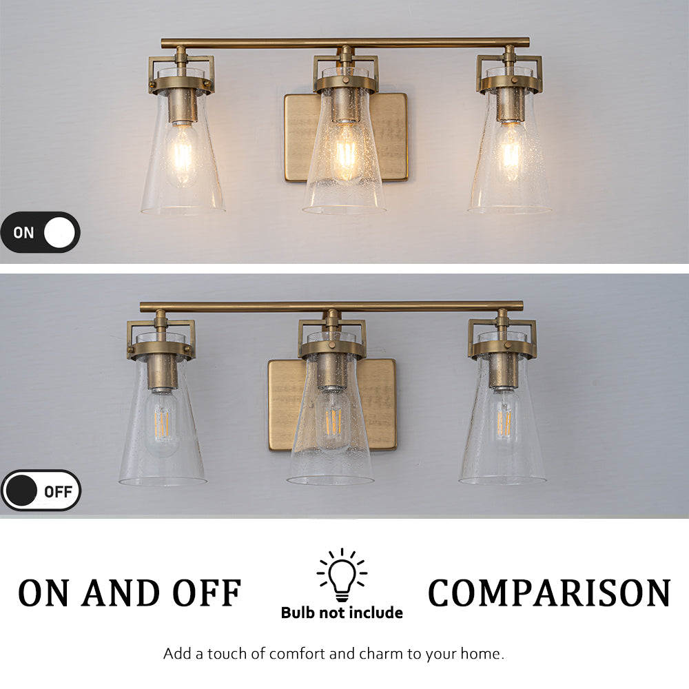 Modern Transitional 3-Light Vanity Wall Sconce in Brushed Brass with Clear Bubble Glass Shades for Mirror, Bathroom or Hallway