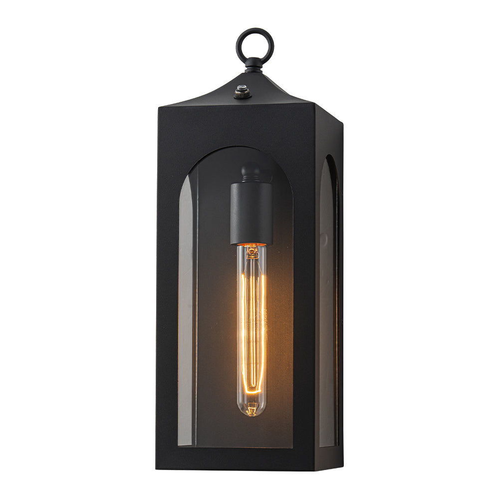 H16" 1-Light Unique/Statement Dusk to Dawn Outdoor Wall Light with Clear Glass Farmhouse Black Exterior Wall Sconce with Open Bottom Waterproof Porch Light Fixture for Garage