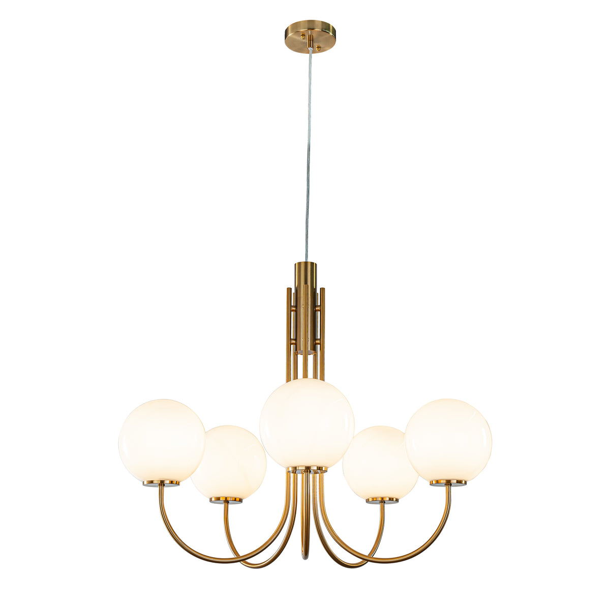 5-Light 32'' Wide Mid-Century Modern Glass Globe Bubble Chandelier Vintage Sputnik Aged Brass Opal Glass Pendant Light For Living Room And Kitchen