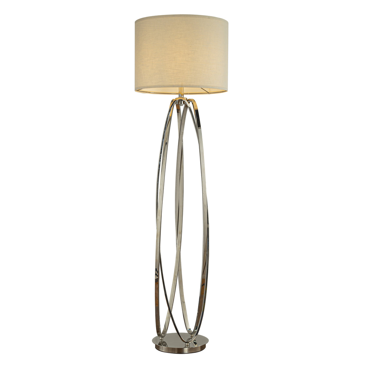 62'' Elegant Modern Polished Nickel Metal Floor Lamp With Ivory Fabric Drum Shade For Living Room Dining Room