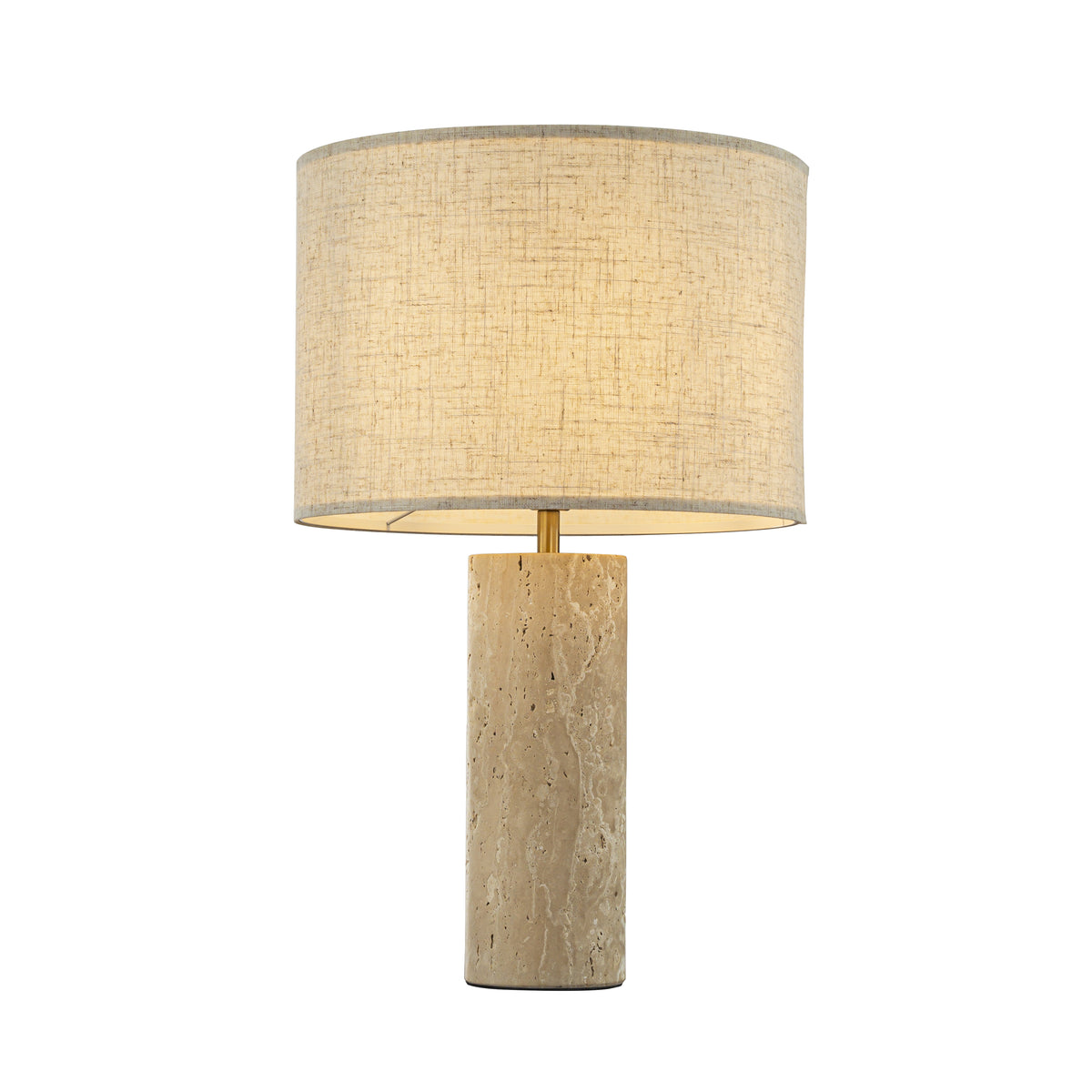 1-Light 22'' Modern Coastal Natural Cylinder Travetine Table Lamp With Beige Linen Shade For Bedroom and Living Room