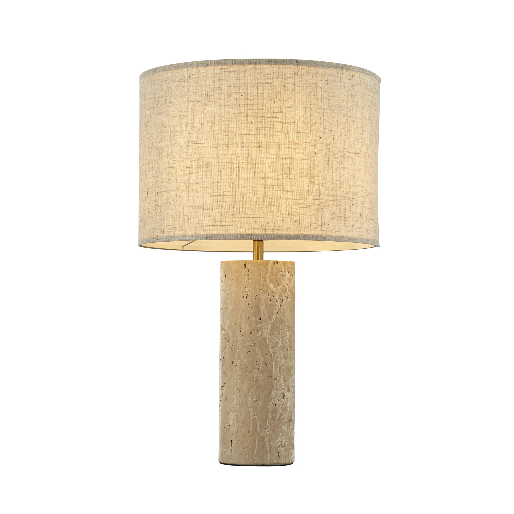 1-Light 22'' Modern Coastal Natural Cylinder Travetine Table Lamp With Beige Linen Shade For Bedroom and Living Room
