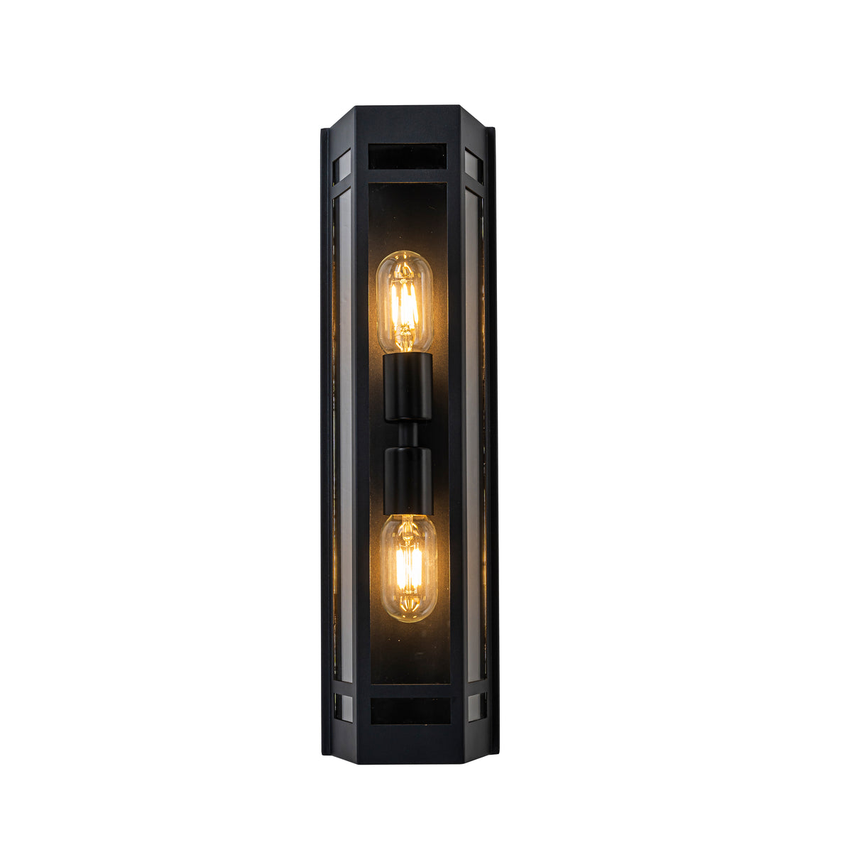 2-Light H20" Modern Black Outdoor Wall Light with Dusk-to-Dawn Sensor and Clear Tempered Glass Weather-Resistant Front Door Garage Exterior Lighting Fixture