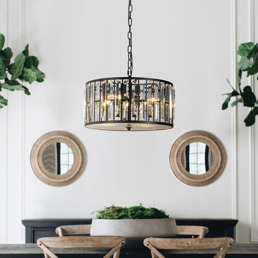 Open Box-4- Light Black Modern and Contemporary Lantern Drum Chandelier With Crystal Accents