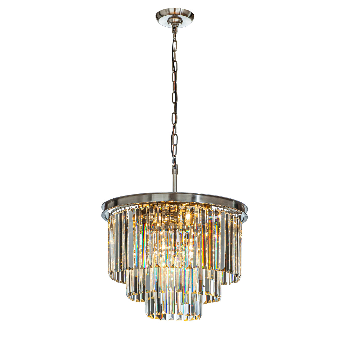 6-Lights Mid-Century Modern Satin Nickel Fringe Crystal Chandelier