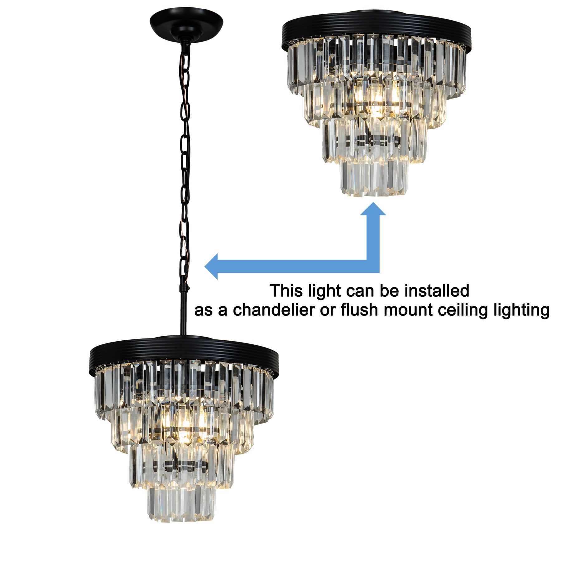 Modern Matte Black Tier Crystal Chandelier