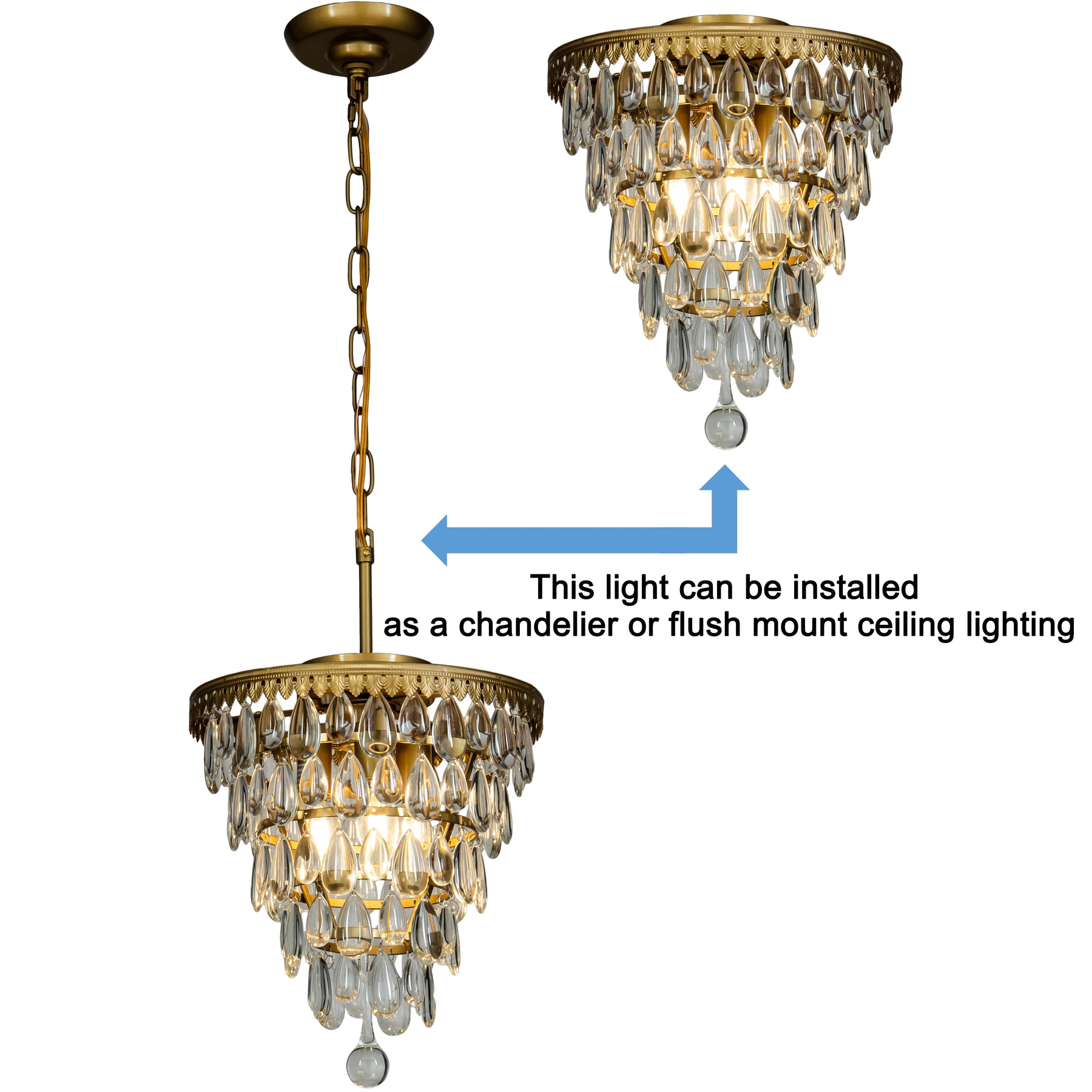 Unique Tiered Crystal Chandelier -Antique Gold