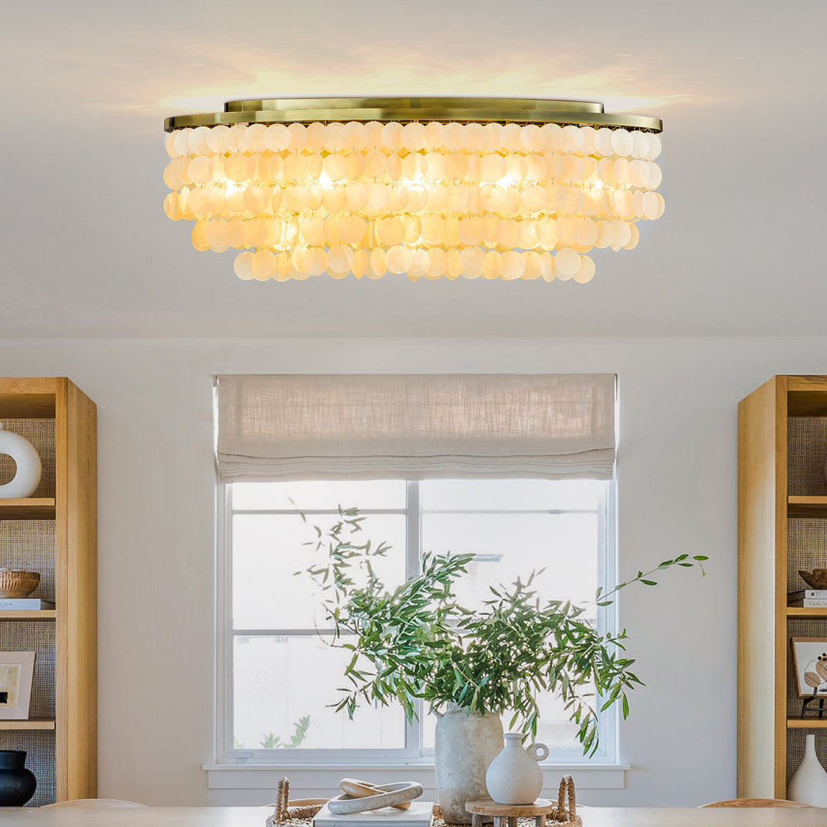 Coastal Capiz Shell Flush Mount Light with Antique Gold Metal