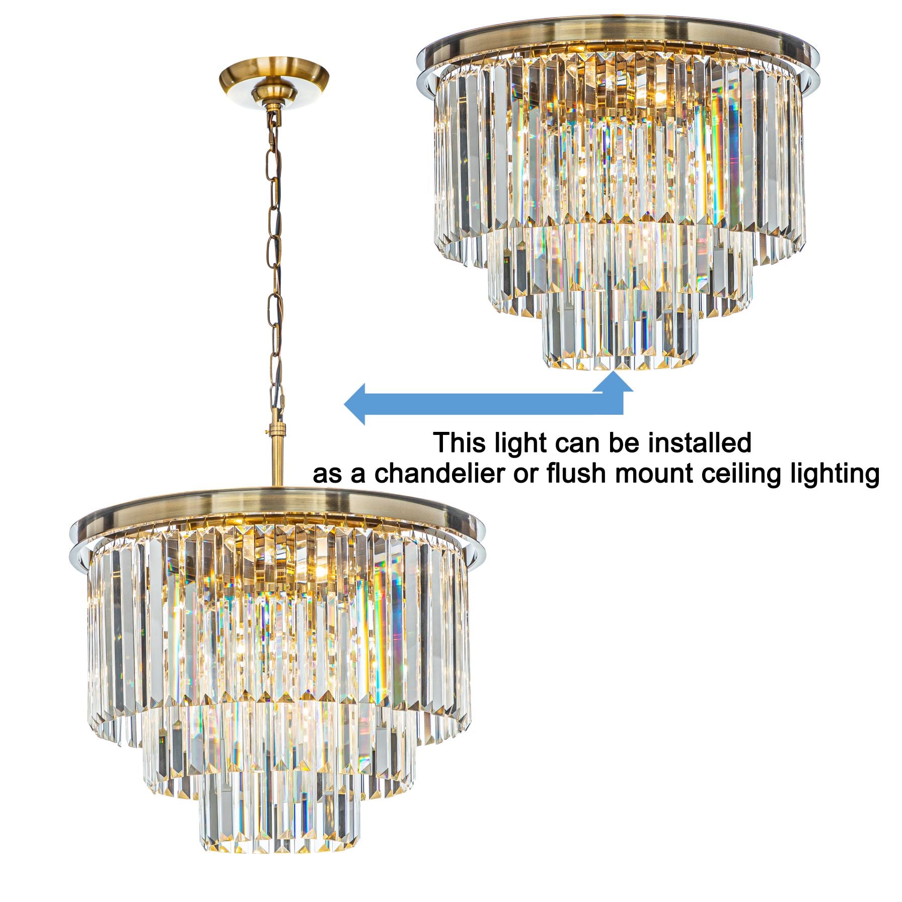 Mid-Century Modern Gold Fringe Crystal Chandelier