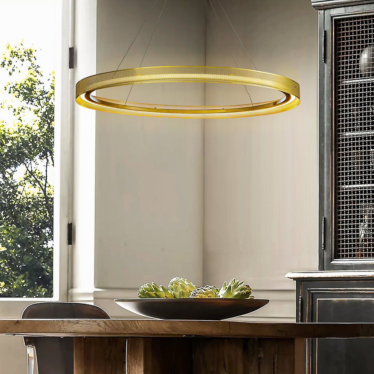 Modern And Contemporary 1-Light Round Pendant Antique Gold LED Ring Chandelier