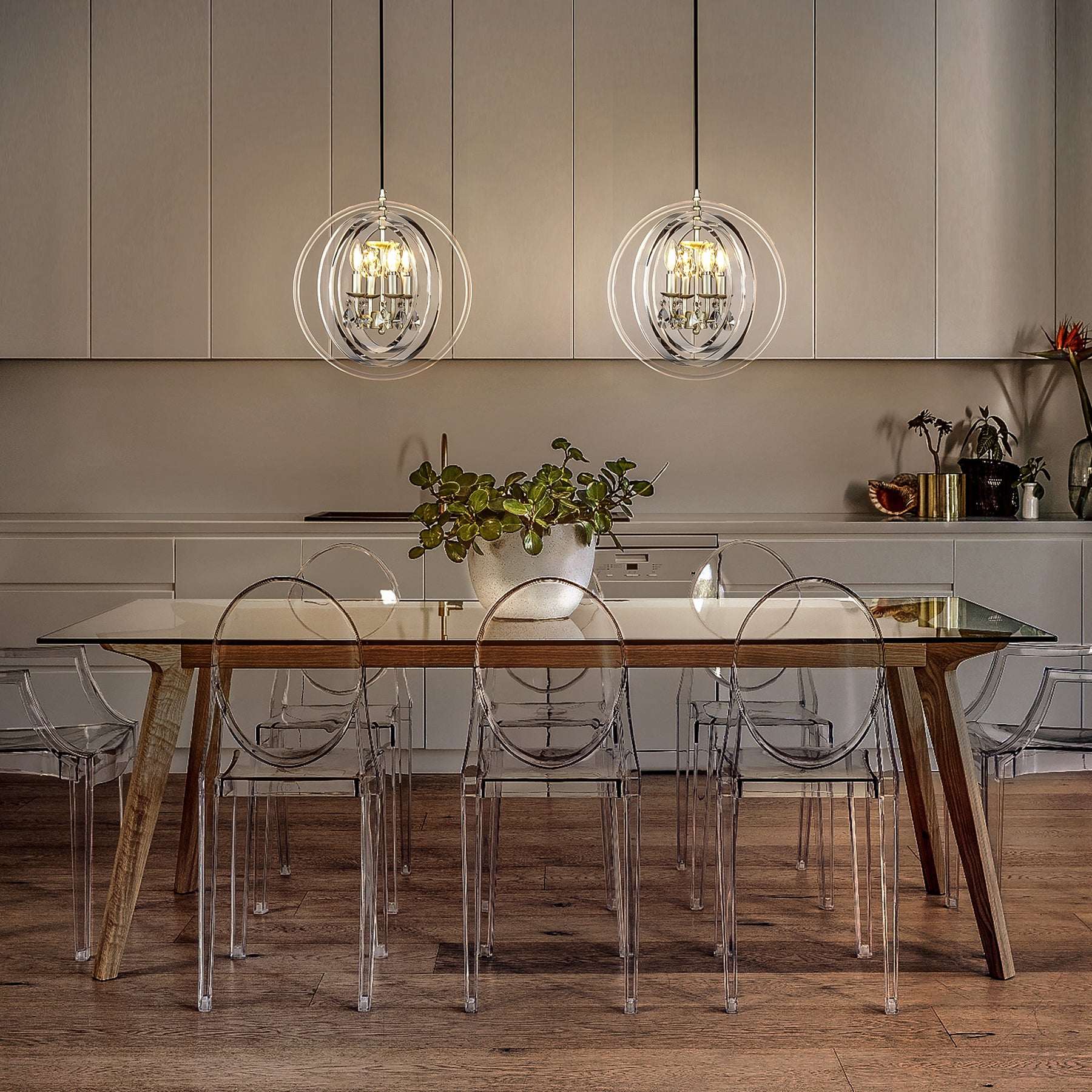 4 Light Modern Acrylic Globe Chandelier 16" Champagne Candlestick Pendant Light