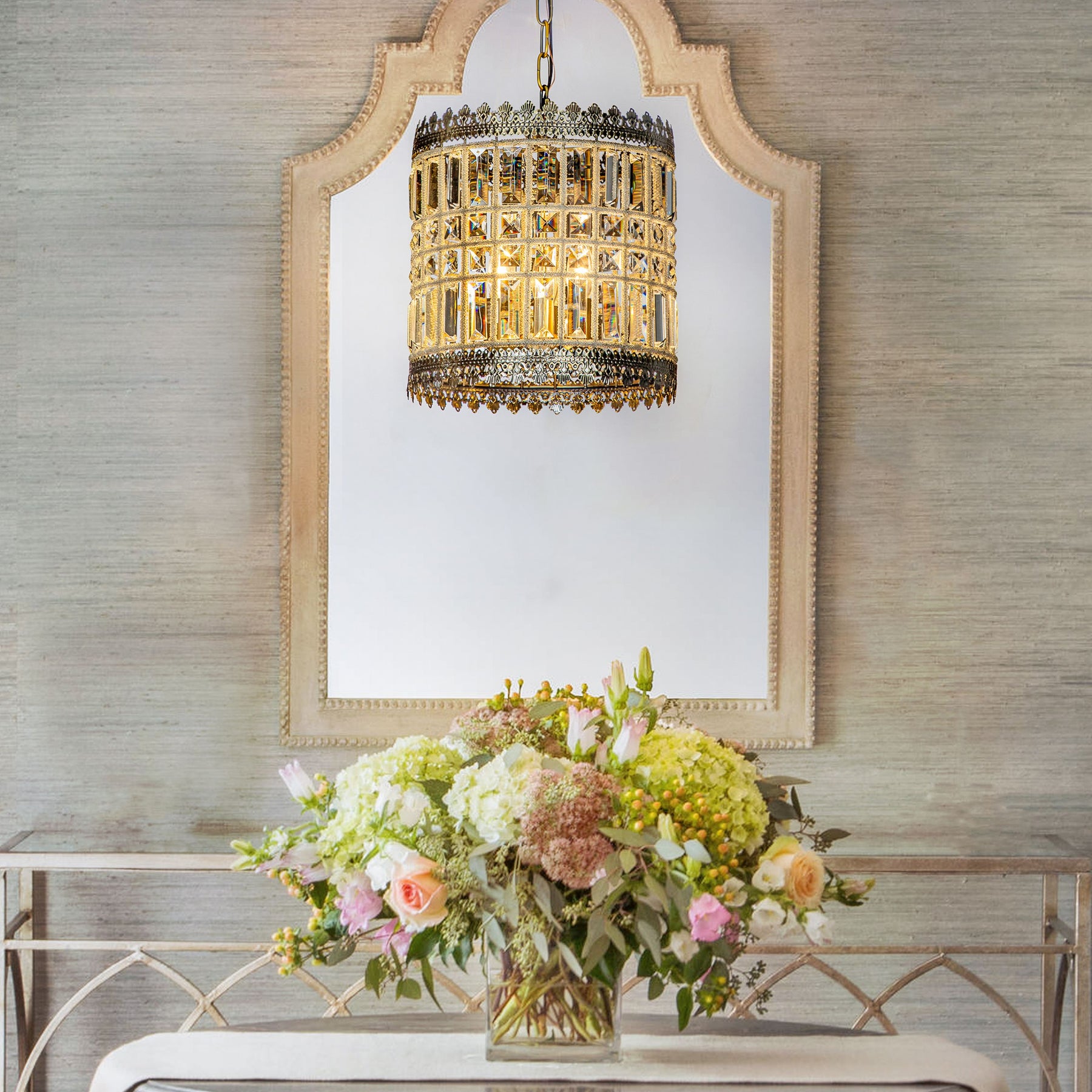 OPEN BOX- Glam Crystal Lantern Chandelier in Antique Gold