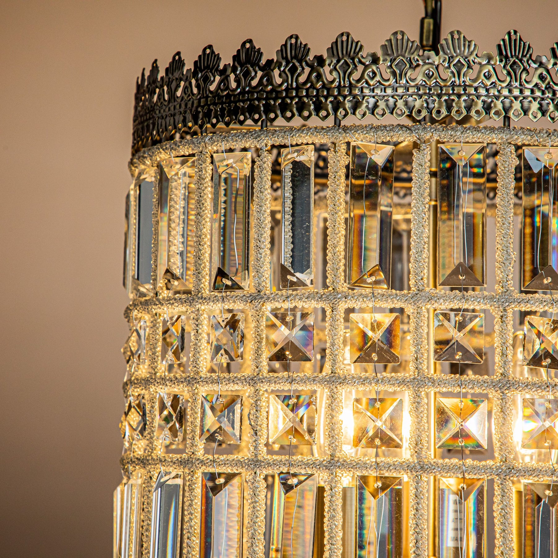 OPEN BOX- Glam Crystal Lantern Chandelier in Antique Gold