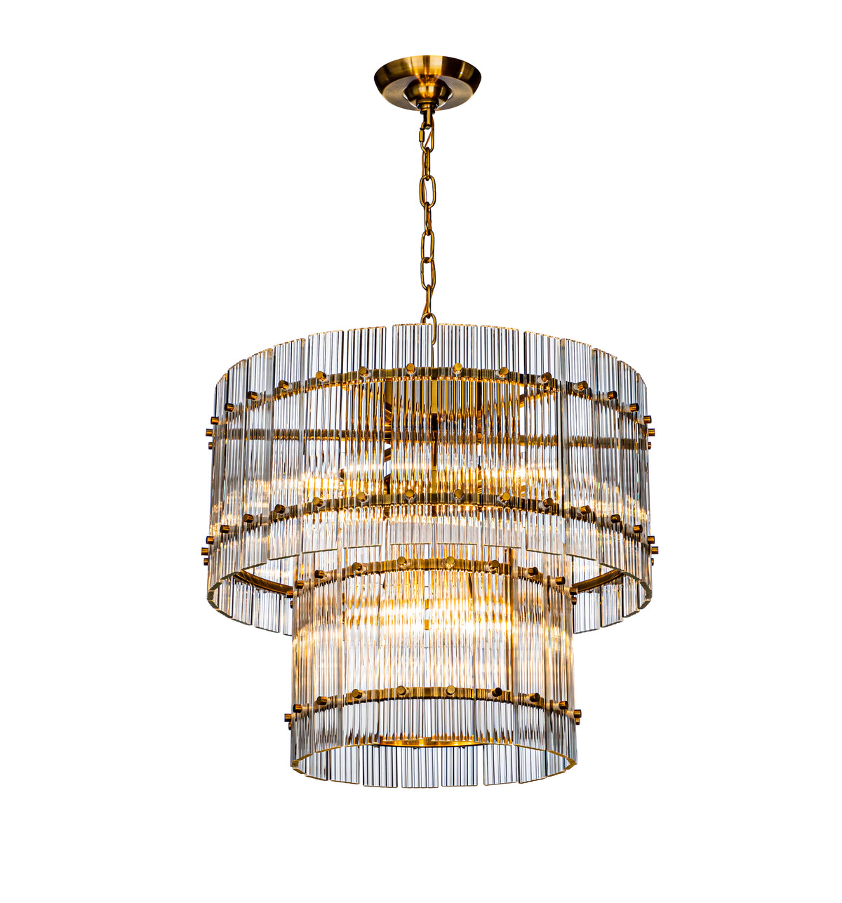 Modern Antique Gold Two-Tiered Glass Chandelier