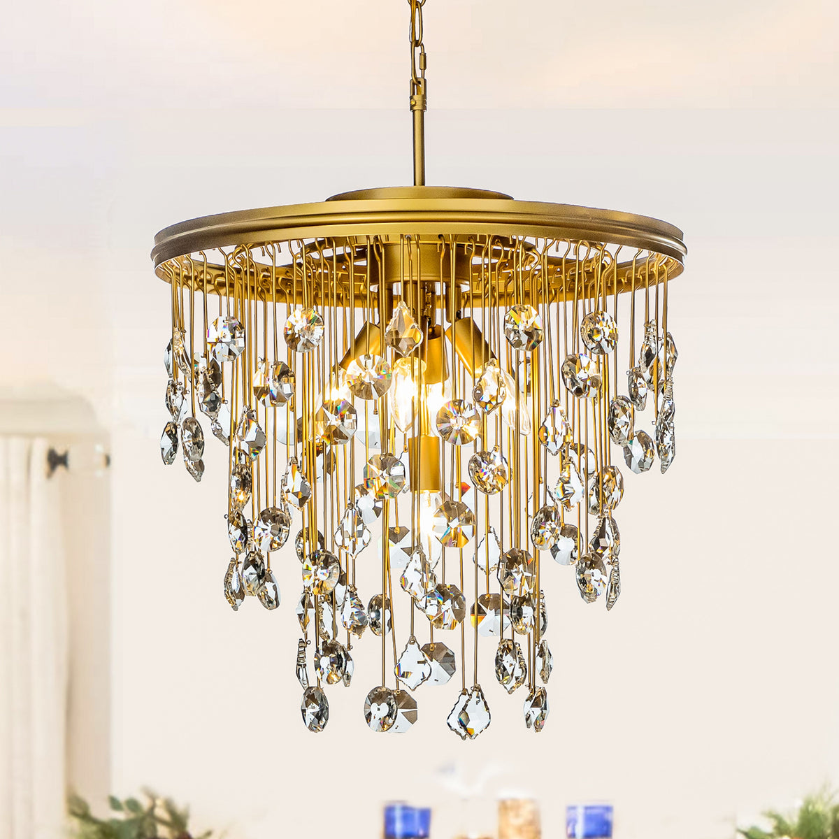 Modern Antique Gold Chandelier with Rain Drop Crystal