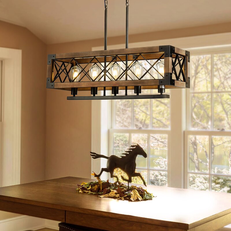 Farmhouse Rectangle Kitchen Island Chandelier with Solid Wood Accent