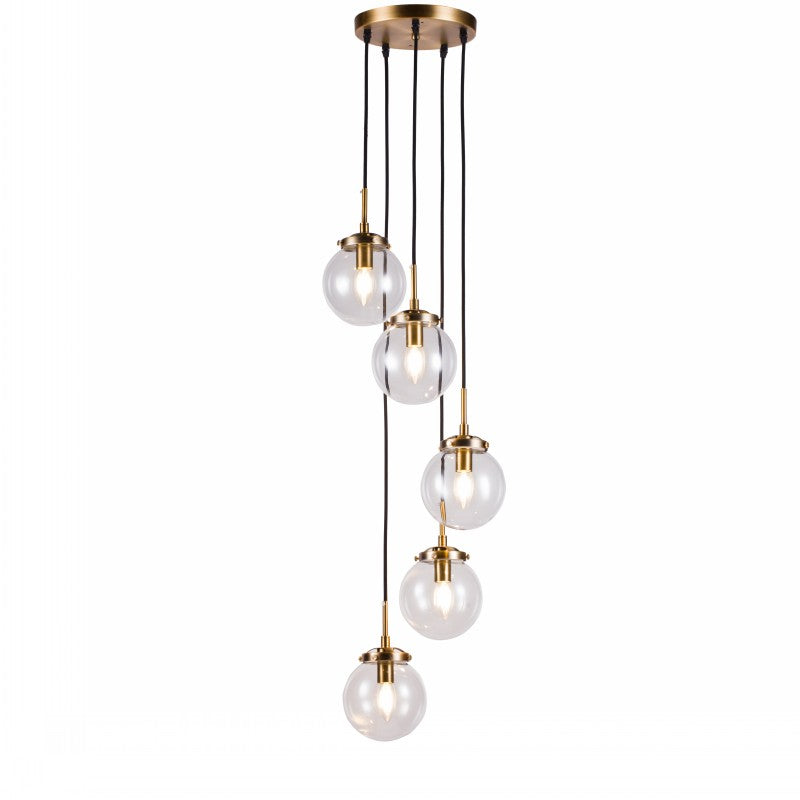 Contemporary Staircase Chandelier in Antique Brass with Glass Globes