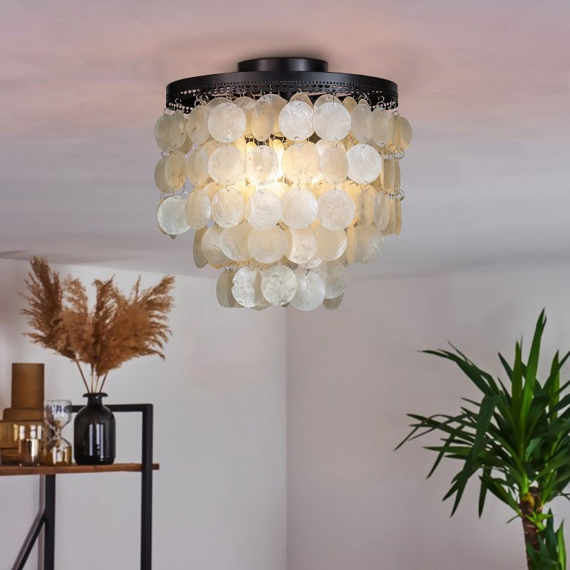 Matte Black Coastal Capiz Shell Flush Mount Lighting