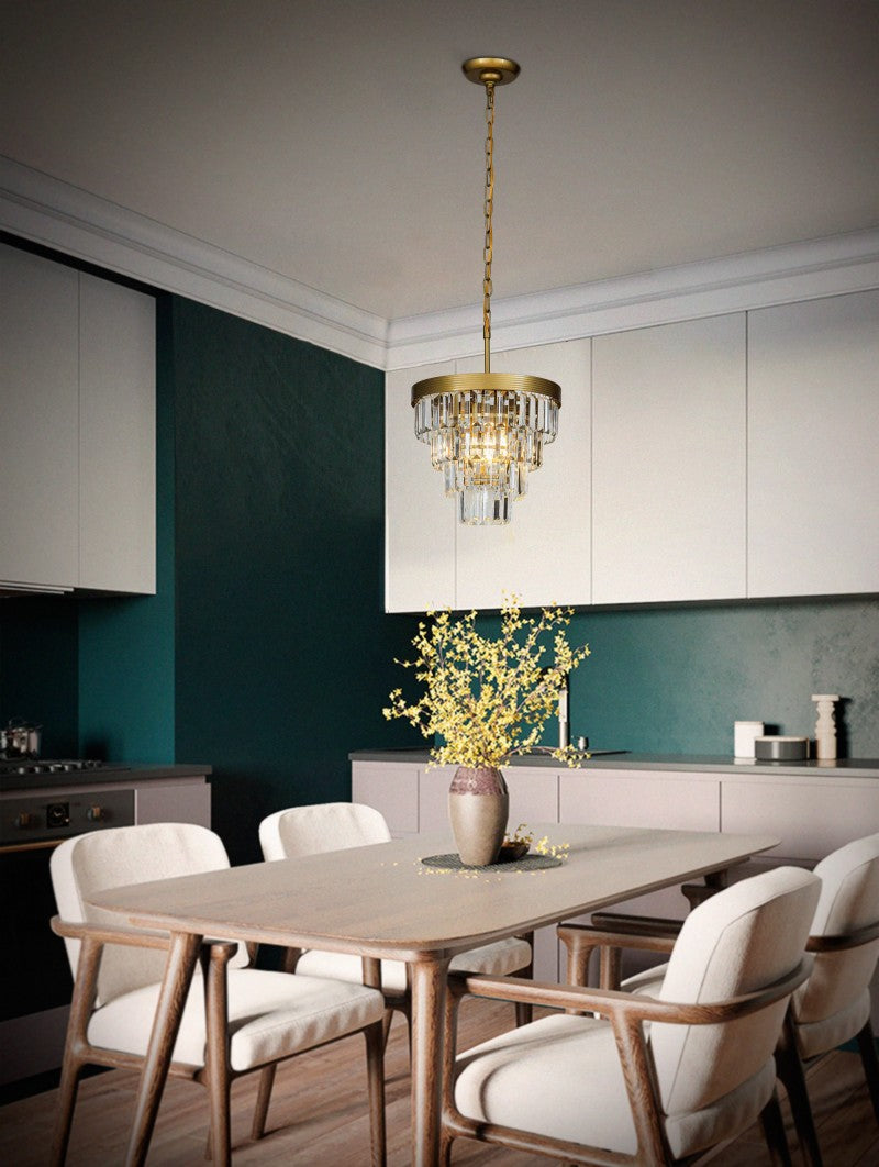 Modern Tiered Crystal Chandelier in Antique Gold