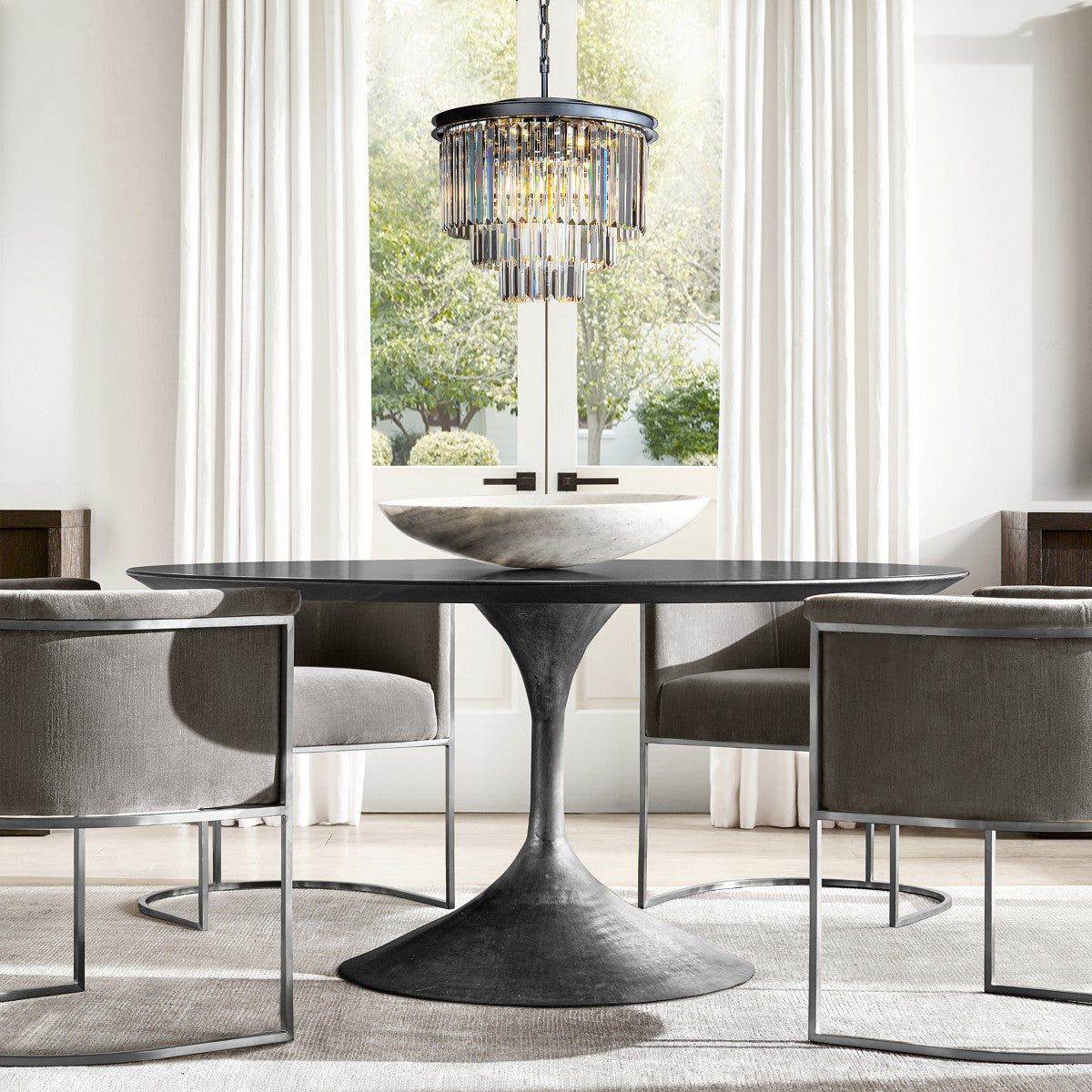 Modern and Contemporary Matte Black 3-Tier Fringe Crystal Chandelier