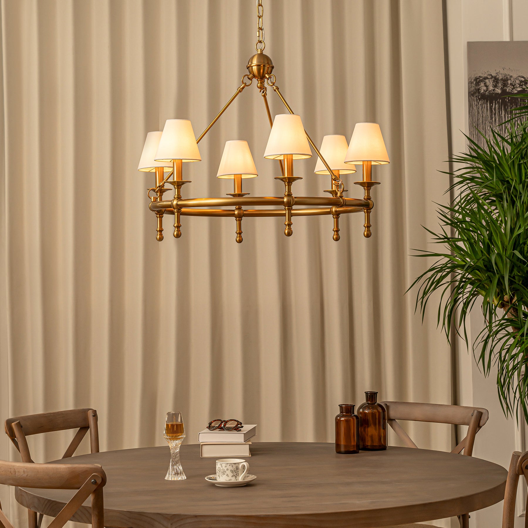 6-Light W34 in Vitage Brass Chandelier Untique Classic Lighting with White Fabric Lamp Shade
