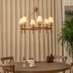 6-Light W34 in Vitage Brass Chandelier Untique Classic Lighting with White Fabric Lamp Shade