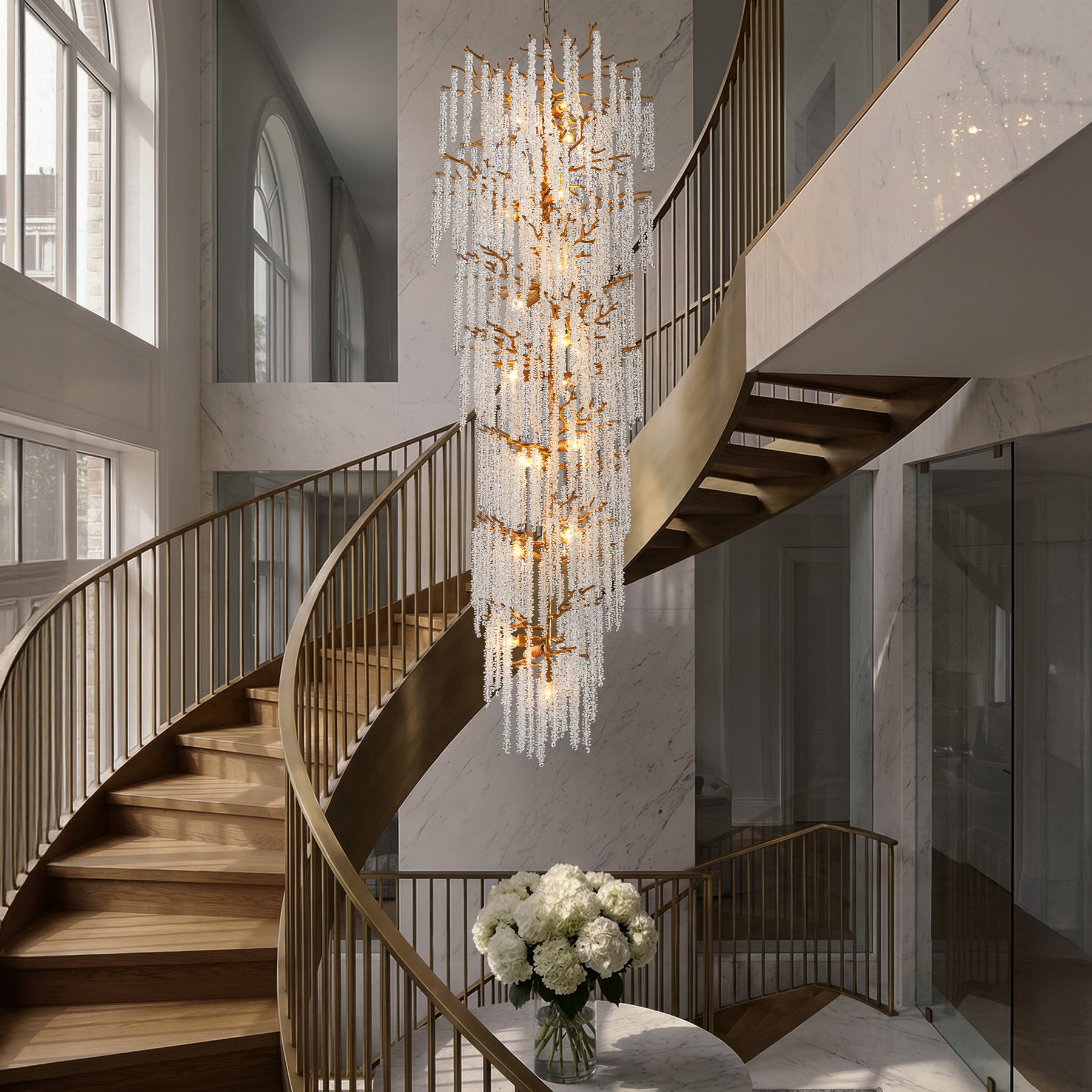 24'' W x 156'' H 21-Light Tree Branch Glass Chandelier in Antique Brass with Clear Glass for Foyers, Staircases, and Tall Ceilings
