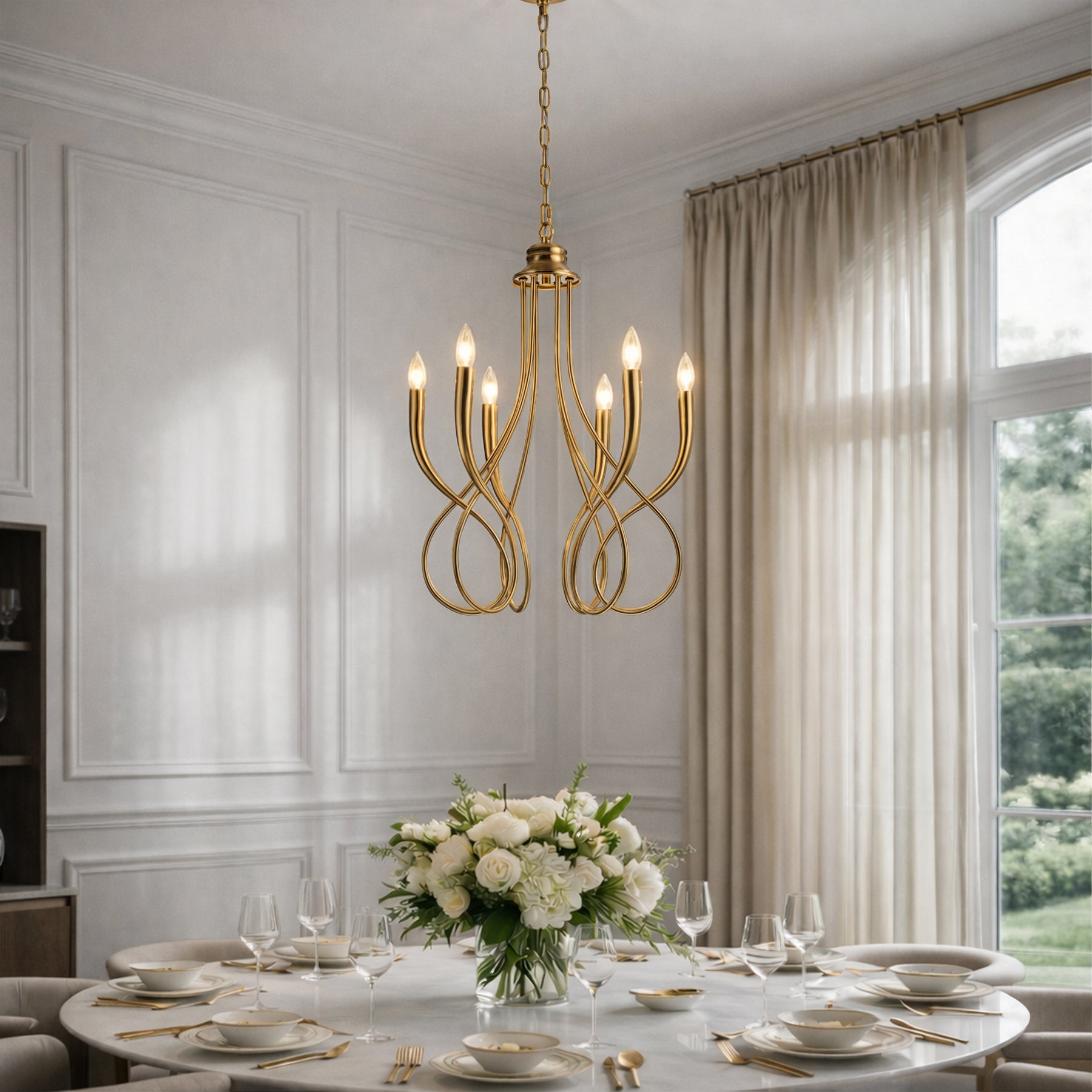 20'' 6-Light Plated Brass Candelabra Chandelier with Curved Arms Mid-Century Modern Pendant Light for Dining Room or Entryway