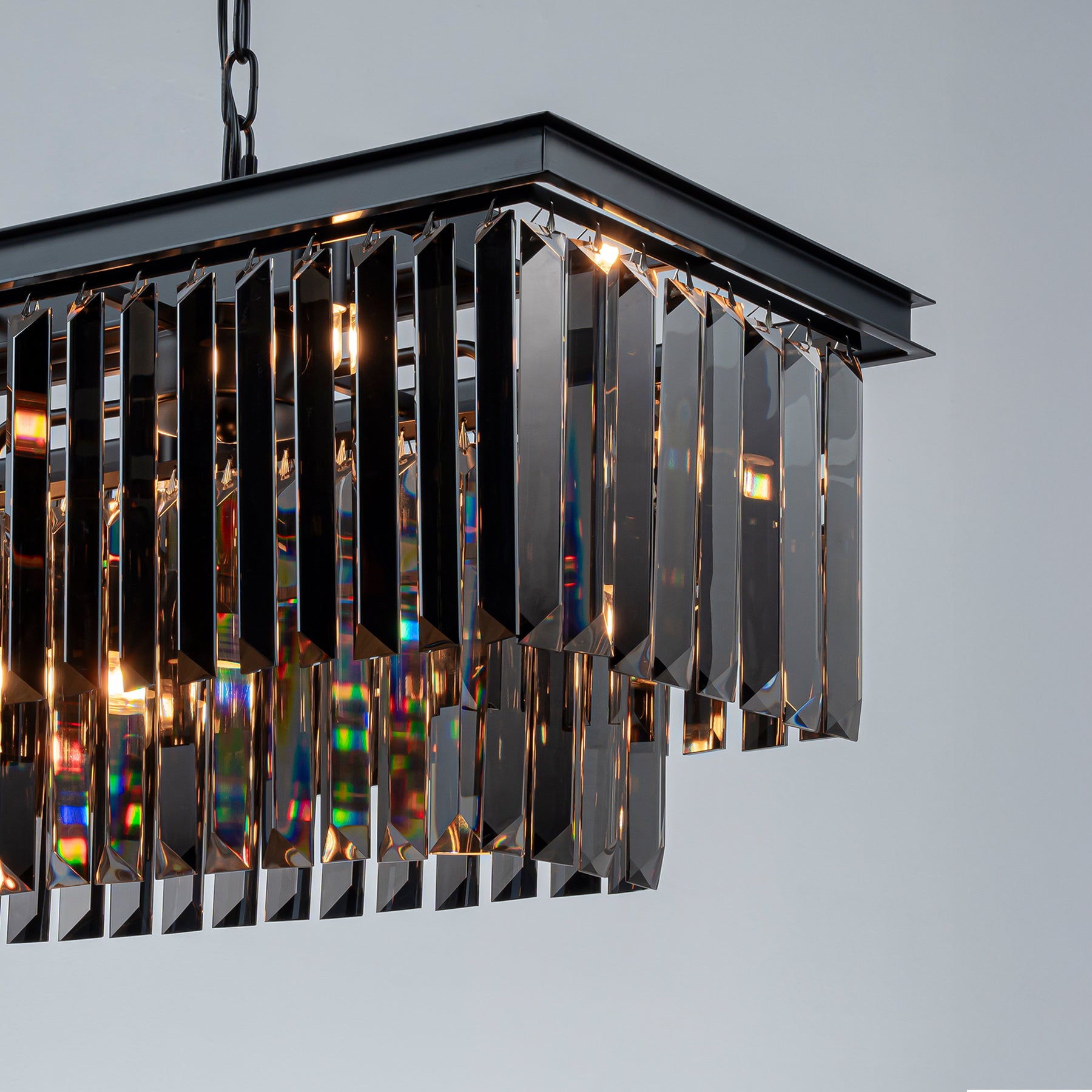 12-Light Modern Luxury Rectangular Fring Crystal Chandelier 49” Black Linear Pendant Light with Smoked Crystals for Kitchen Island, Dining Room