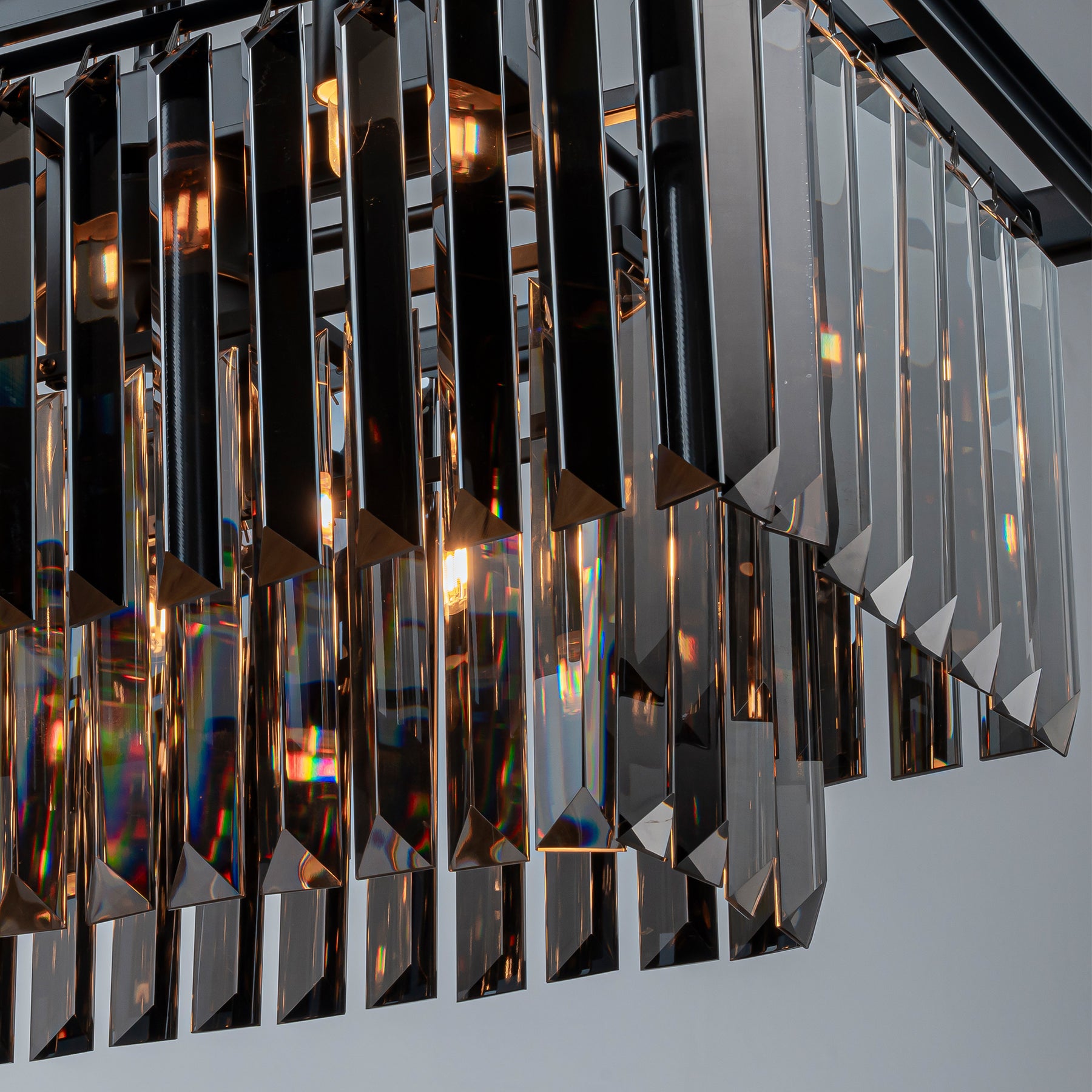 12-Light Modern Luxury Rectangular Fring Crystal Chandelier 49” Black Linear Pendant Light with Smoked Crystals for Kitchen Island, Dining Room