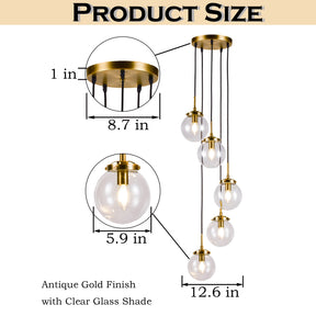 OpenBox 5-Light Modern Antique Gold Staircase Chandelier Clear Globe Bubble Glass Foyer Pendant