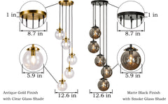5-Light Modern Matte Black Staircase Chandelier with Smoke Globe Bubble Glass Corner Pendant