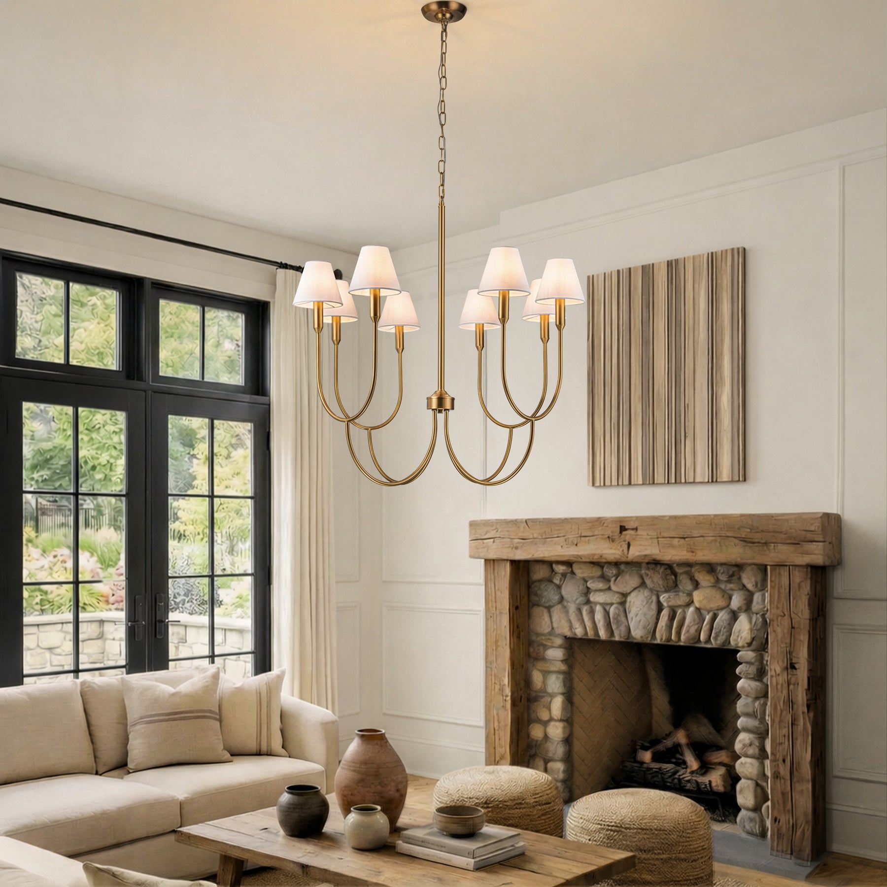 8-Light 32-Inch Mid-century Modern Satin Brass Large Chandelier with White Linen Fabric Shades For Dining Room or Foyers