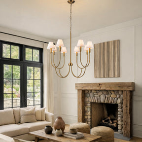 8-Light 32-Inch Mid-century Modern Satin Brass Large Chandelier with White Linen Fabric Shades For Dining Room or Foyers