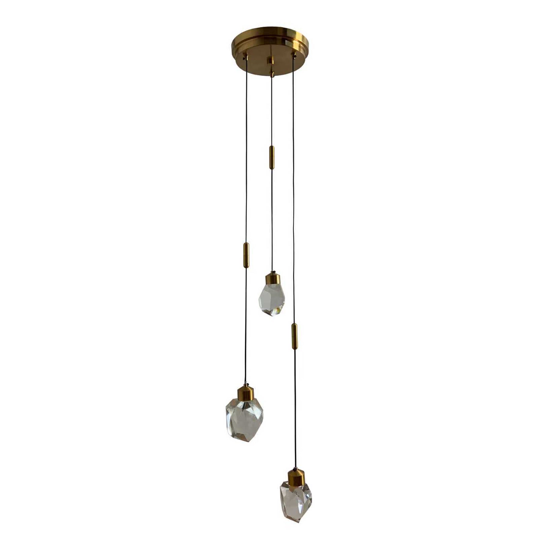 9'' Modern 3-Light Diamond Shape Crystal Cluster Integrated LED Pendant In Antique Gold Round Ceiling Lamp