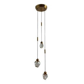 9'' Modern 3-Light Diamond Shape Crystal Cluster Integrated LED Pendant In Antique Gold Round Ceiling Lamp