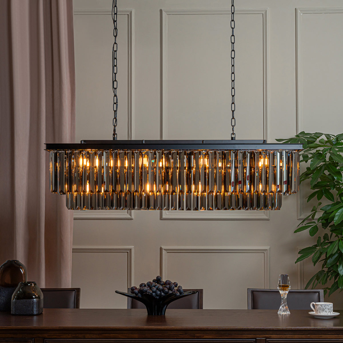 12-Light Modern Luxury Rectangular Fring Crystal Chandelier 49” Black Linear Pendant Light with Smoked Crystals for Kitchen Island, Dining Room