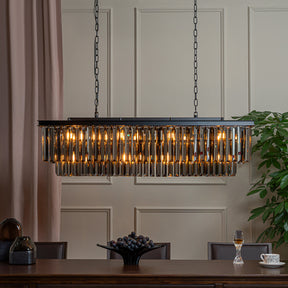 12-Light Modern Luxury Rectangular Fring Crystal Chandelier 49” Black Linear Pendant Light with Smoked Crystals for Kitchen Island, Dining Room