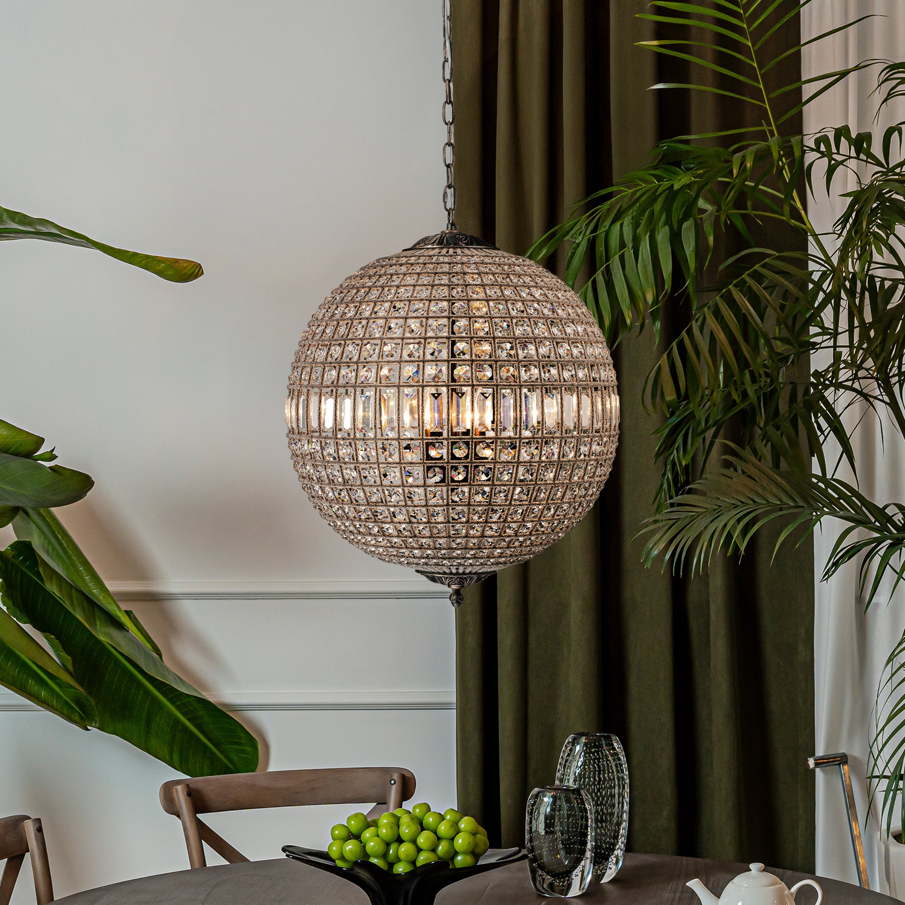 5-Light 24'' French Vintage Handcrafted Crystal Globe Chandelier Antique Bronze Mid-Century Pendant Light Dimmable For Dining Room Living Room or Foyer
