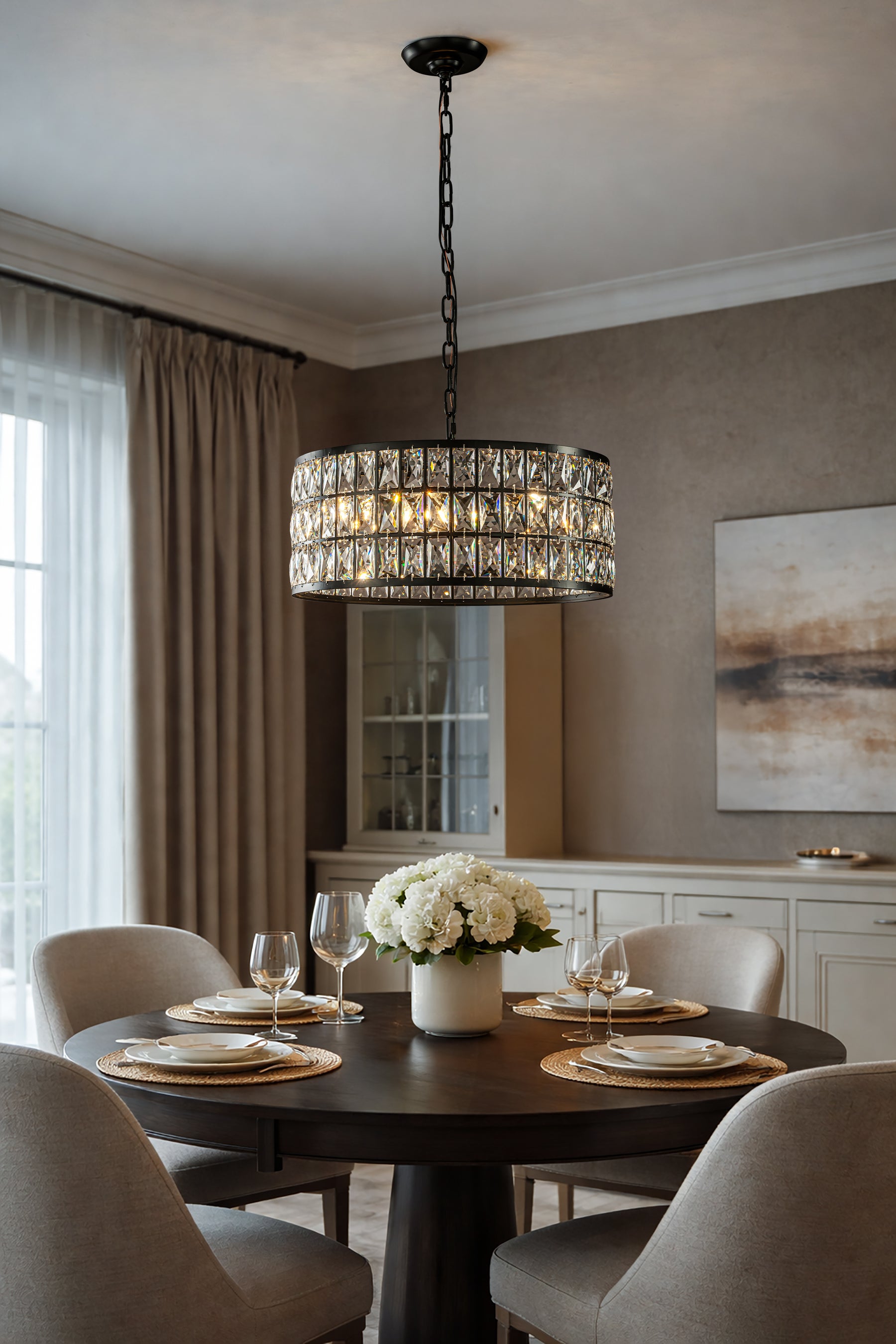 20" Modern Crystal Chandelier Matte Black Finish 6-Light Round Drum Pendant Light Fixture for Dining Room Kitchen