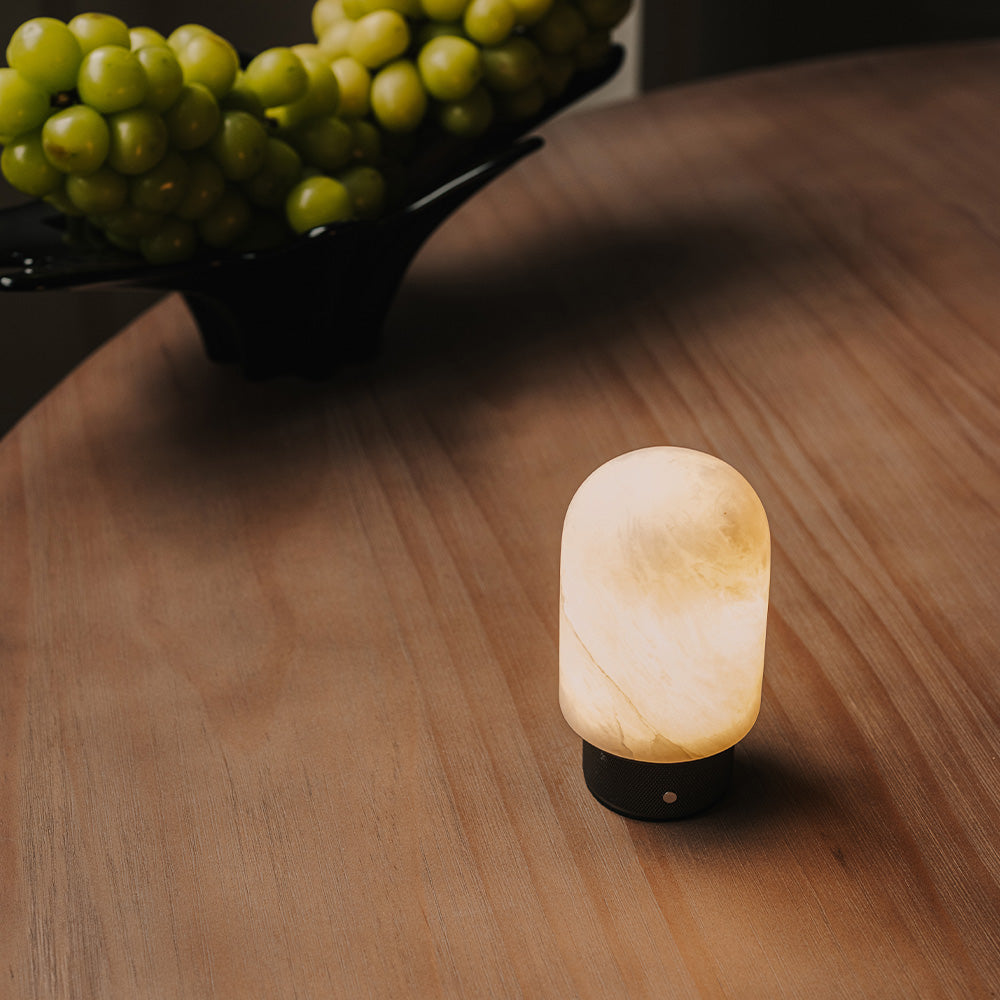Natural Spanish Alabaster Cordless Rechargeable Dome Table Lamp with 3-Level Dimmable Flicker-Free LED and Long-Lasting Battery Bedside Lamp