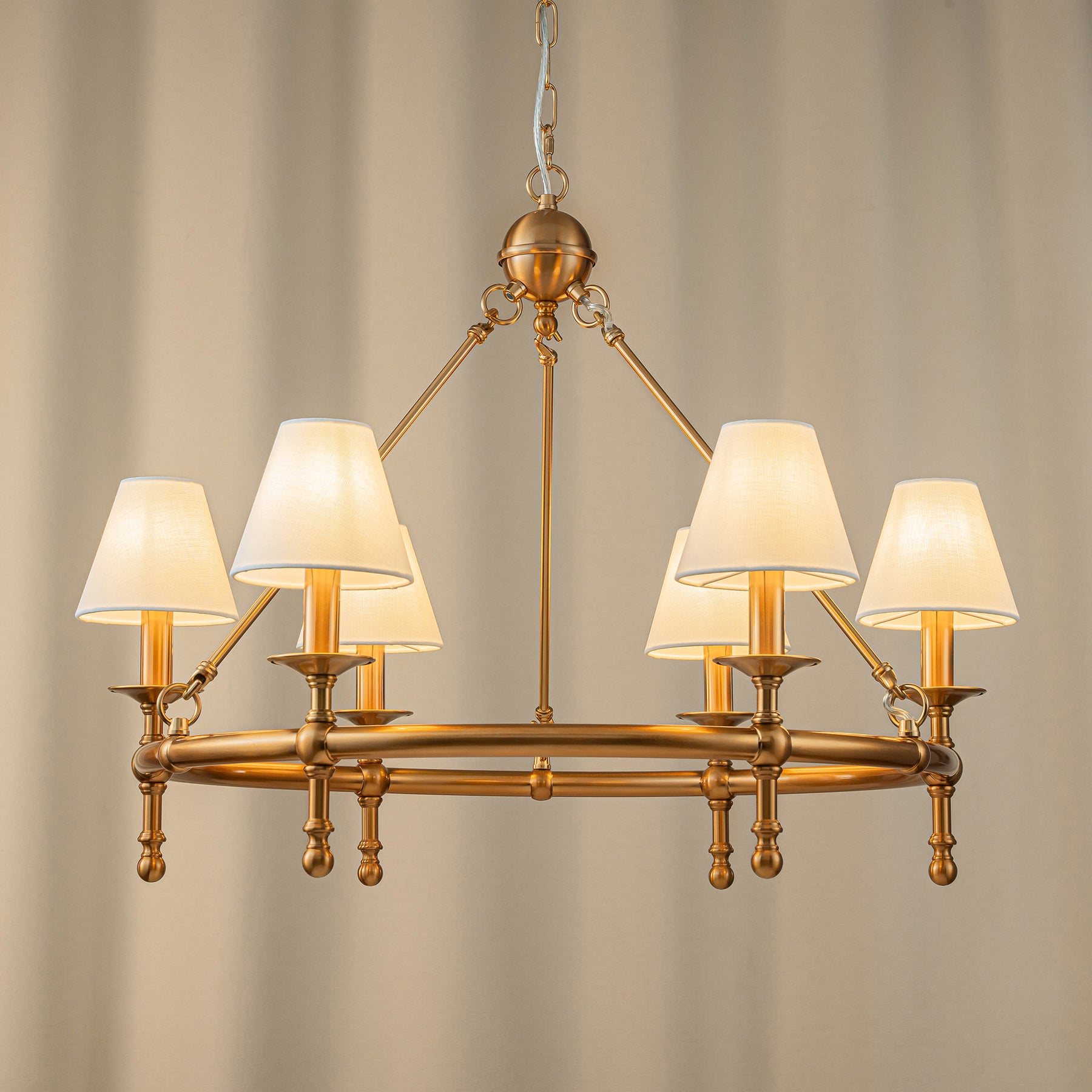6-Light W34 in Vitage Brass Chandelier Untique Classic Lighting with White Fabric Lamp Shade