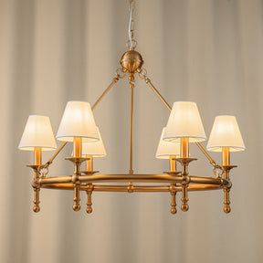 6-Light W34 in Vitage Brass Chandelier Untique Classic Lighting with White Fabric Lamp Shade