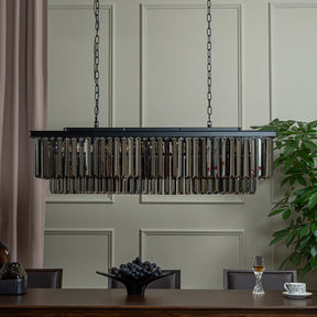 12-Light Modern Luxury Rectangular Fring Crystal Chandelier 49” Black Linear Pendant Light with Smoked Crystals for Kitchen Island, Dining Room