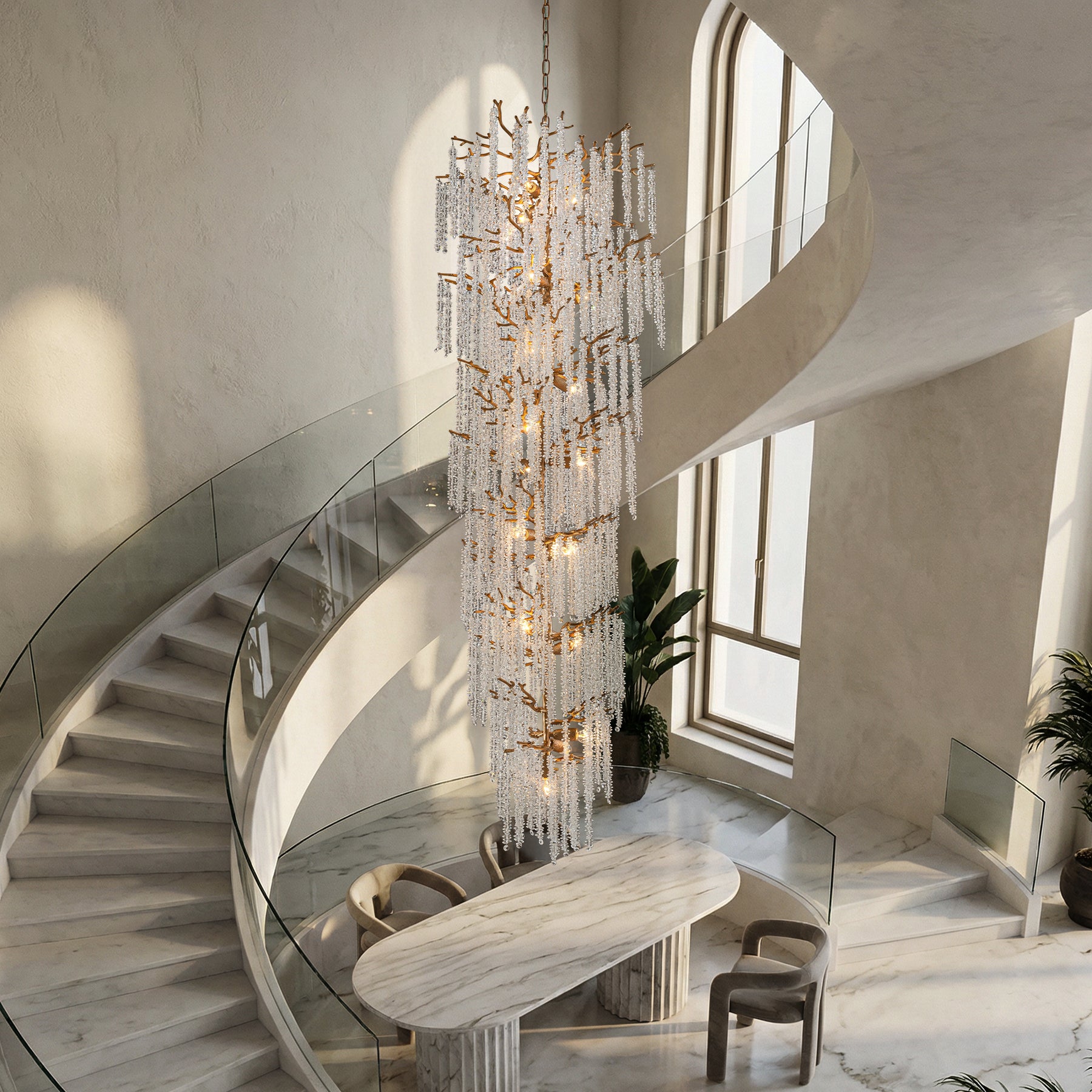 24'' W x 156'' H 21-Light Tree Branch Glass Chandelier in Antique Brass with Clear Glass for Foyers, Staircases, and Tall Ceilings