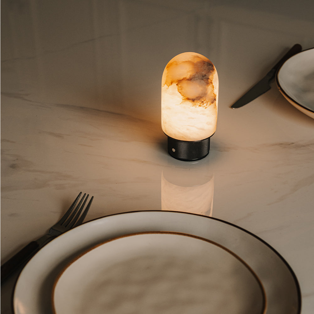 Natural Spanish Alabaster Cordless Rechargeable Dome Table Lamp with 3-Level Dimmable Flicker-Free LED and Long-Lasting Battery Bedside Lamp
