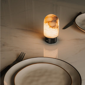 Natural Spanish Alabaster Cordless Rechargeable Dome Table Lamp with 3-Level Dimmable Flicker-Free LED and Long-Lasting Battery Bedside Lamp